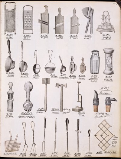 Köksredskap, från en handelskatalog över hushållsartiklar och beslag, ca 1890-1910 av English School