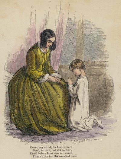 Knäböja mitt barn, för Gud är här; Böj dig, i kärlek, men inte i rädsla; Knäböj framför honom nu i bön, tacka honom för hans ständiga omsorg (färgad gravyr) av English School