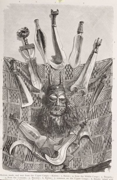 Knive, maske og måtte fra Upper Congo, fra 