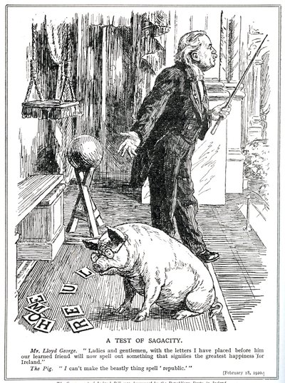 LLoyd George möter motstånd mot sin regeringsförslag från det irländska republikanska partiet. februari 1920 av English School