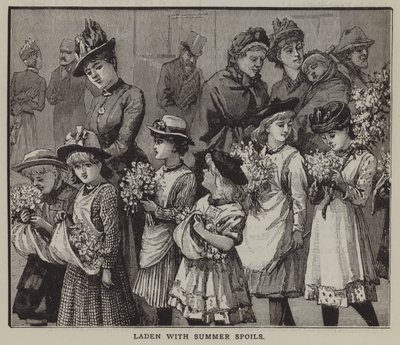 Laddat med sommarbyten: en grupp stadsbarn efter en sommarresa till landsbygden (gravyr) av English School