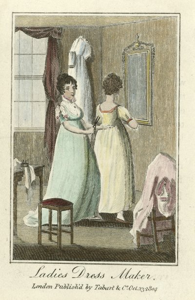 Klänningsmakare för kvinnor, pub. 1804 (handfärgad gravyr) av English School