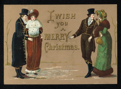 Mina damer och herrar i sina vinterkläder, julhälsningskort. (chromolitho) av English School