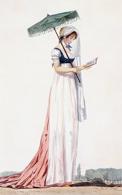 Dam elegant sommarklänning med parasoll, av Delacourt, 1770 (färggravyr) av English School