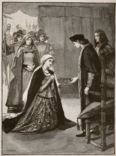 Lady Catherine Gordon före Henry VII, illustration från Cassells Illustrated History of England (sepiafoto) av English School