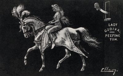 Lady Godiva rider naken till häst genom Coventrys gator, iakttagen av en kikare (litho) av English School