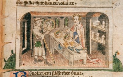 Lady Hagiography visar en pilgrim hennes utställning av salvor och toalettartiklar, illustration från den engelska översättningen av 