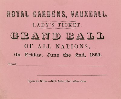 Ladys biljett, Vauxhall Gardens, London, den 2 juni 1854 av English School
