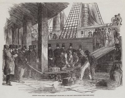 Landar guld från "The Australian" Steam-Ship, i East India Docks (gravyr) av English School