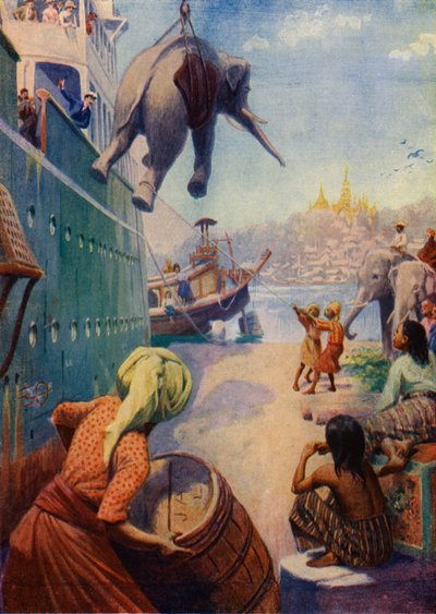 Landning av elefanter i Burma (färglitografi) av English School