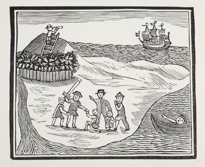Landning av mutinous crew på ön, illustration från Chap-books of the artonde århundrade av John Ashton, pub. 1882 av English School