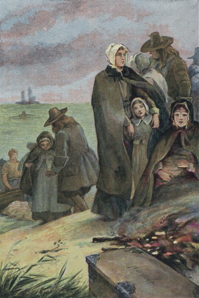 Pilgrimsfädernas landstigning i Amerika efter deras resa ombord på Mayflower, 1620 av English School