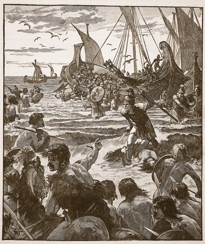 Romarnas landning på Kents kust, illustration från Cassells Illustrated History of England (sepiafoto) av English School