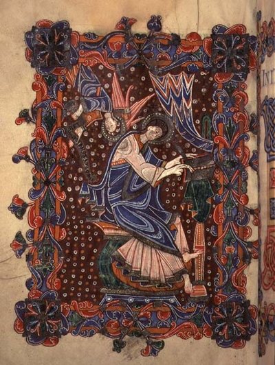 Lat 14782 f.16v St Matteus skriver sitt evangelium, c.1080 (vellum) av English School
