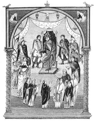 Lat 1 f.423r Karl den skallige, kung av Frankrike (823-77) tronad, beställd av abbot Vivian från klostret St. Martin i Tours, från Karl den skalliges första bibel, 843-51, illustration av English School