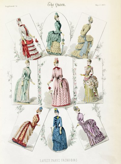 Senaste Parismoden, nio dagars klänningar i en modetallrik från ett tillägg till Drottningen, maj 1885 av English School