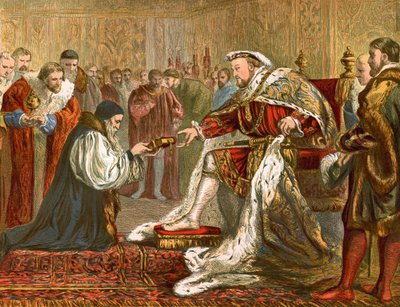 Latimer överlämnar bibeln till Henrik VIII (kolorerad gravyr) av English School