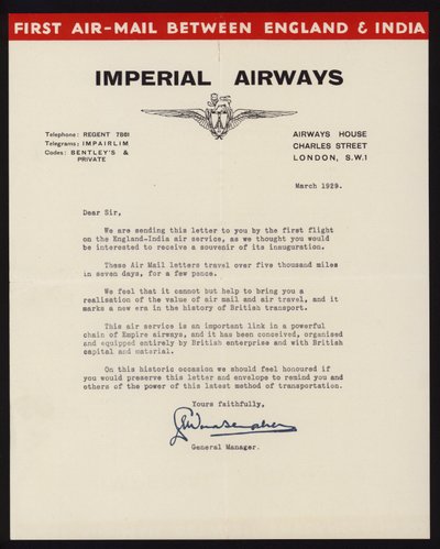 Lansering av den första flygposttjänsten mellan England och Indien av Imperial Airways i mars 1929 (litho) av English School