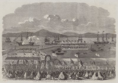 Lägger grundstenen i Albert Harbour, Greenock (gravyr) av English School
