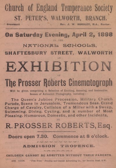 Broschyr som annonserar en utställning av Prosser Roberts Cinematograph av English School