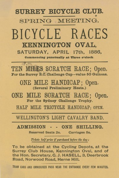 Broschyr som annonserar cykeltävlingar på Kennington Oval, 17 april 1886 av English School