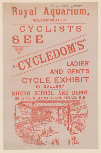Broschyr som annonserar utställningen Cycledoms Ladies and Gents Cycle på Royal Aquarium av English School