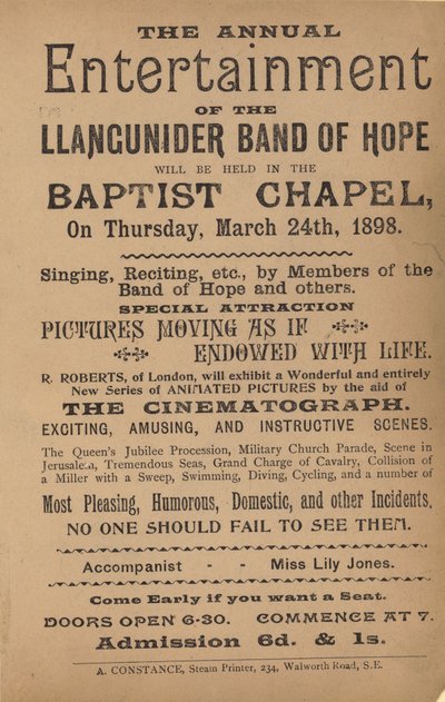 Broschyr som annonserar den årliga underhållningen av Llangunider Band of Hope av English School