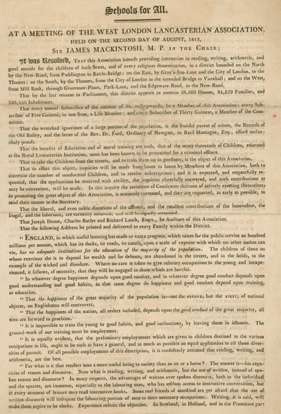 Broschyr som förklarar en resolution från West London Lancasterian Association att börja ge undervisning till barn, augusti 1813 av English School