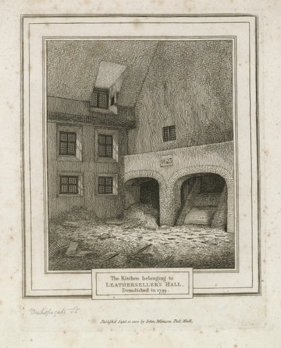 Leathersellers Hall, Bishopsgate Street. Rivs 1799 av English School