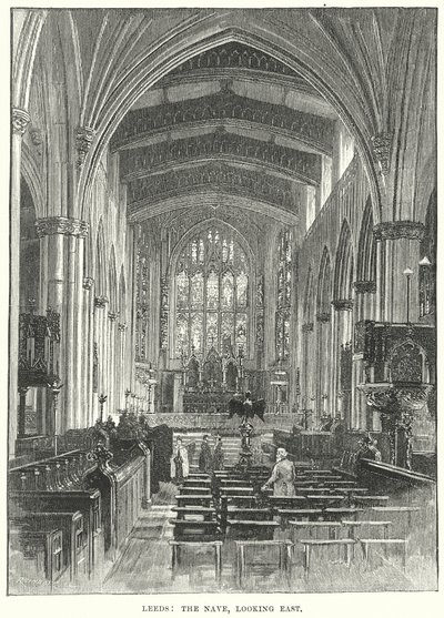 Leeds: The Nave, blickar österut (gravyr) av English School