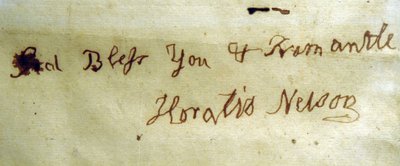 Vänsterhänt skrift av amiral Lord Nelson (penna och bläck på papper) av English School