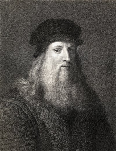 Leonardo da Vinci (1452-1519) gravyr) av English School