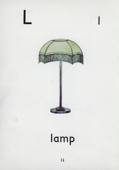 Bokstaven L, lampa (färg litho) av English School