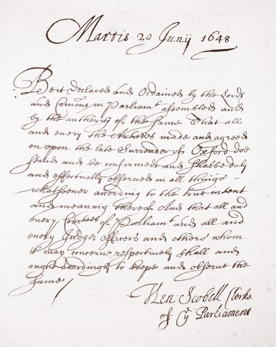 Brev av Henry Scobell, 20 juni 1648 av English School