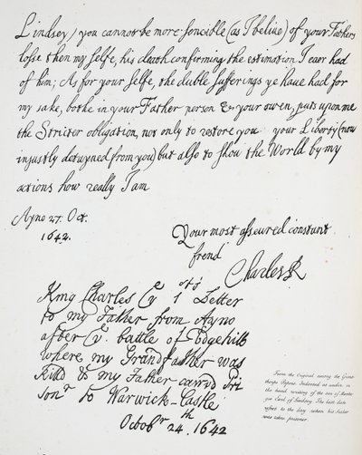 Brev från Charles II till Montague, Earl of Lindsey, 27 oktober 1642 av English School