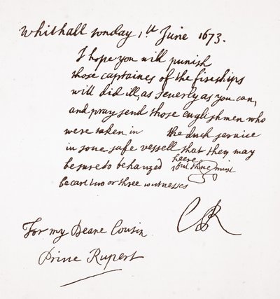 Brev från Charles II till Prins Rupert, 1 juni 1673 av English School