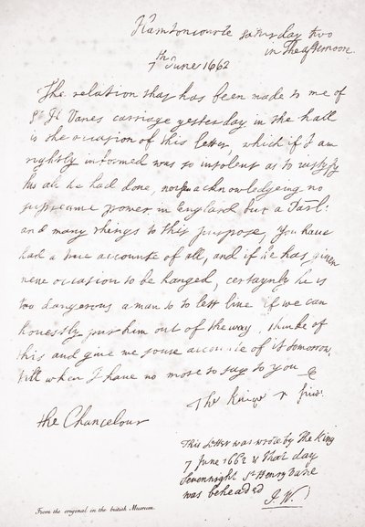 Brev från Charles II till kanslern Lord Clarendon, 7 juni 1662 av English School