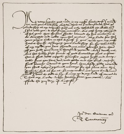 Brev från Cranmer till Cromwell där han tackar honom för att han erhållit Kings auktoritet för Matthews English Bible, 1537, från The Church of England: A History for the People av H.D.M. Spence-Jones, pub. c.191 av English School