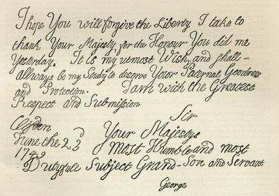 Brev från George III till sin farfar kungen, 23 juni 1749, publicerat i 