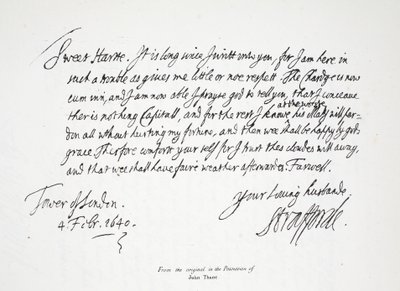 Brev från Lord Strafford till sin hustru, från Towern i London, 4 februari 1640 av English School