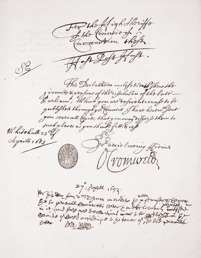 Brev från Oliver Cromwell, april 1653 av English School