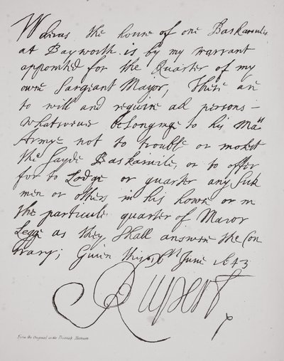 Brev från Prins Rupert, juni 1643 av English School