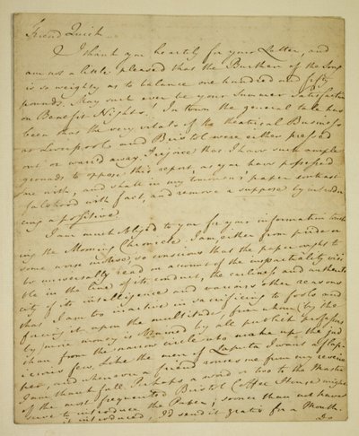 Brev från William Woodfall (1746-1803) till skådespelaren John Quick (1748-1831) angående John Hendersons positiva recensioner på Haymarket av English School