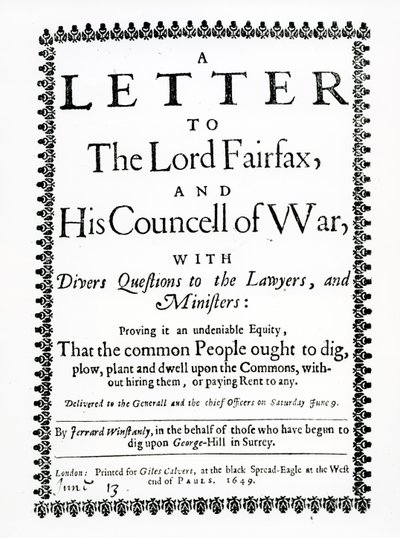 Brev till Lord Fairfax från Gerrard Winstanley (ca 1609-60) på uppdrag av grävarna vid St. George Hill, Surrey, tryckt 1649 av English School
