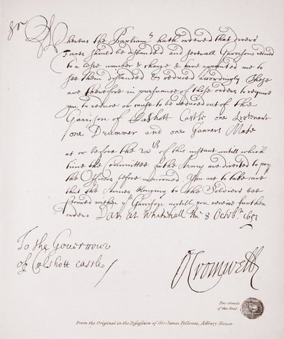Brev till guvernören i Calshott Castle från Oliver Cromwell, 1651, faksimil från originalet i Sir James Fellowes ägo, Adbury House av English School