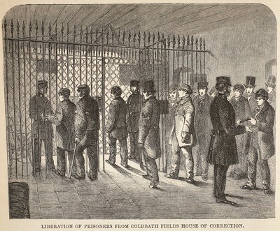 Frigörelse av fångar från Coldbath Fields House of Correction, illustration från The Criminal Prisons of London och scener från Prison Life av Henry Mayhew och John Binny, pub. 1862 av English School