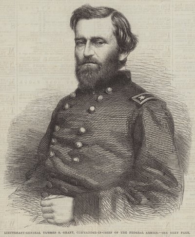 Generallöjtnant Ulysses S Grant, överbefälhavare för de federala arméerna (gravyr) av English School