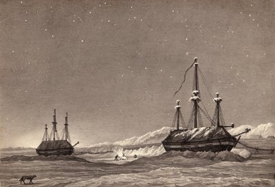 Löjtnant William Parrys första resa: H.M.S. Hecla och H.M.S. Griper i Winter Harbour, ca 1819 (penna & bläck och tvätt på papper) av English School