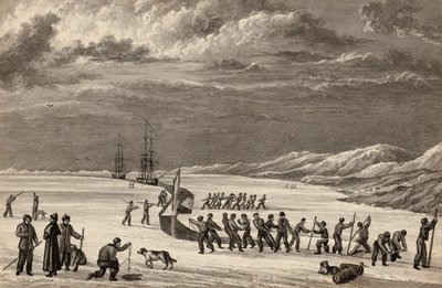Löjtnant William Parrys första resa: Besättningarna på H.M.S. Hecla och H.M.S. Griper skär in i Winter Harbour, ca 1819 av English School