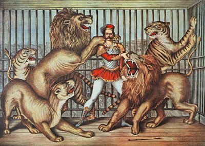 Lion Tamer, ca 1880 (färg litho) av English School